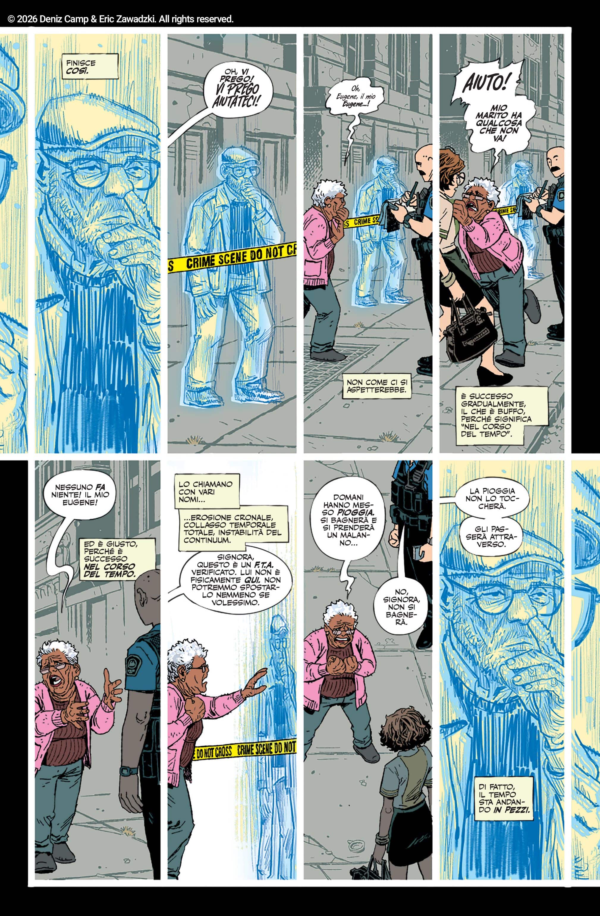Una tavola tratta da Assorted Crisis Events, di Deniz Camp, Eric Zawadzki e Jordie Bellaire (Panini Comics)