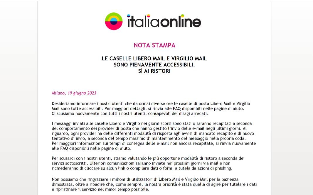 Il comunicato di ItaliaOnline