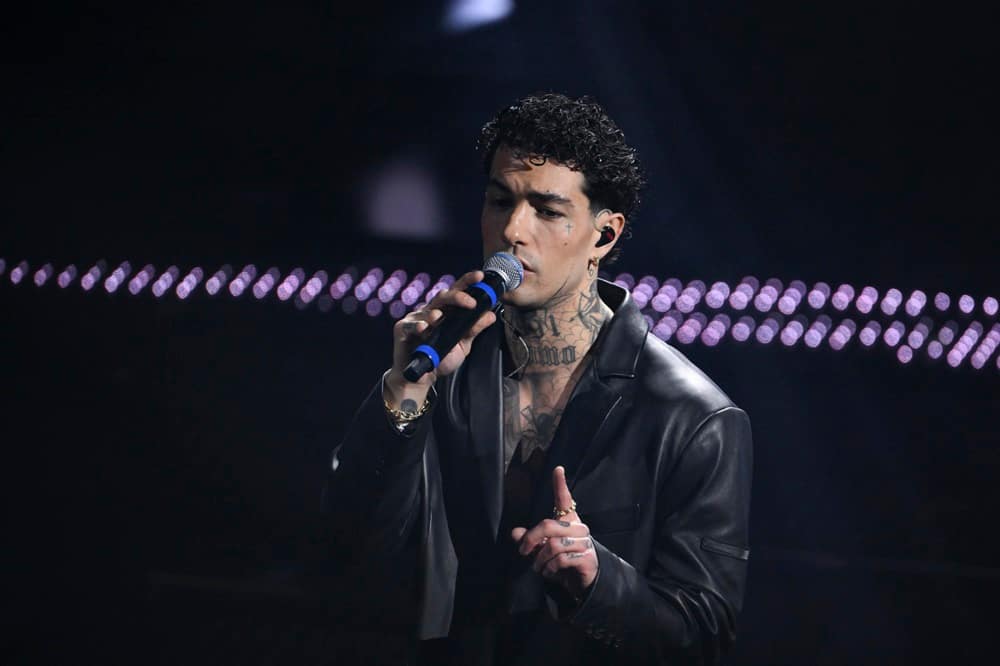 Italian singer Tony Effe on stage at the Ariston theatre during the 75th edition of the Sanremo Italian Song Festival, in Sanremo, Italy, 13 February 2025. The music festival will run from 11 to 15 February 2025. ANSA/ETTORE FERRARI