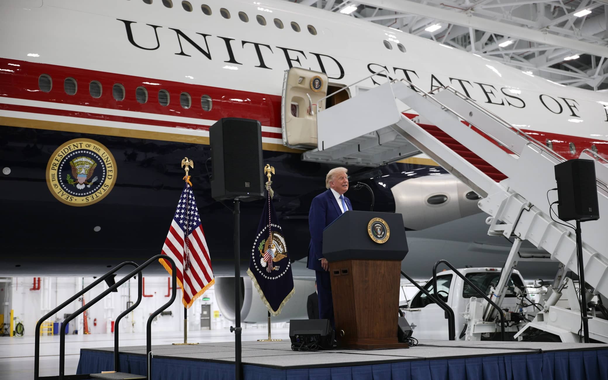 JOINT BASE ANDREWS, MARYLAND - JUNE 19: U.S. President Donald Trump delivers remarks after touring the newest aircraft in the presidential fleet at Andrews Air Force Base on June 19, 2026 at Joint Base Andrews, Maryland. The Qatari royal family gifted the lavish $400 million, 13-year-old Boeing 747-8 to the U.S. Air Force to be used as the new Air Force One. (Photo by Alex Wong/Getty Images)