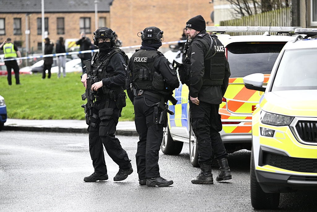 Police at the scene in Calder, Edinburgh, after police warned the public to avoid the area following "reports of a man with a bladed weapon". Picture date: Monday March 2, 2026. (Photo by Lesley Martin/PA Images via Getty Images)