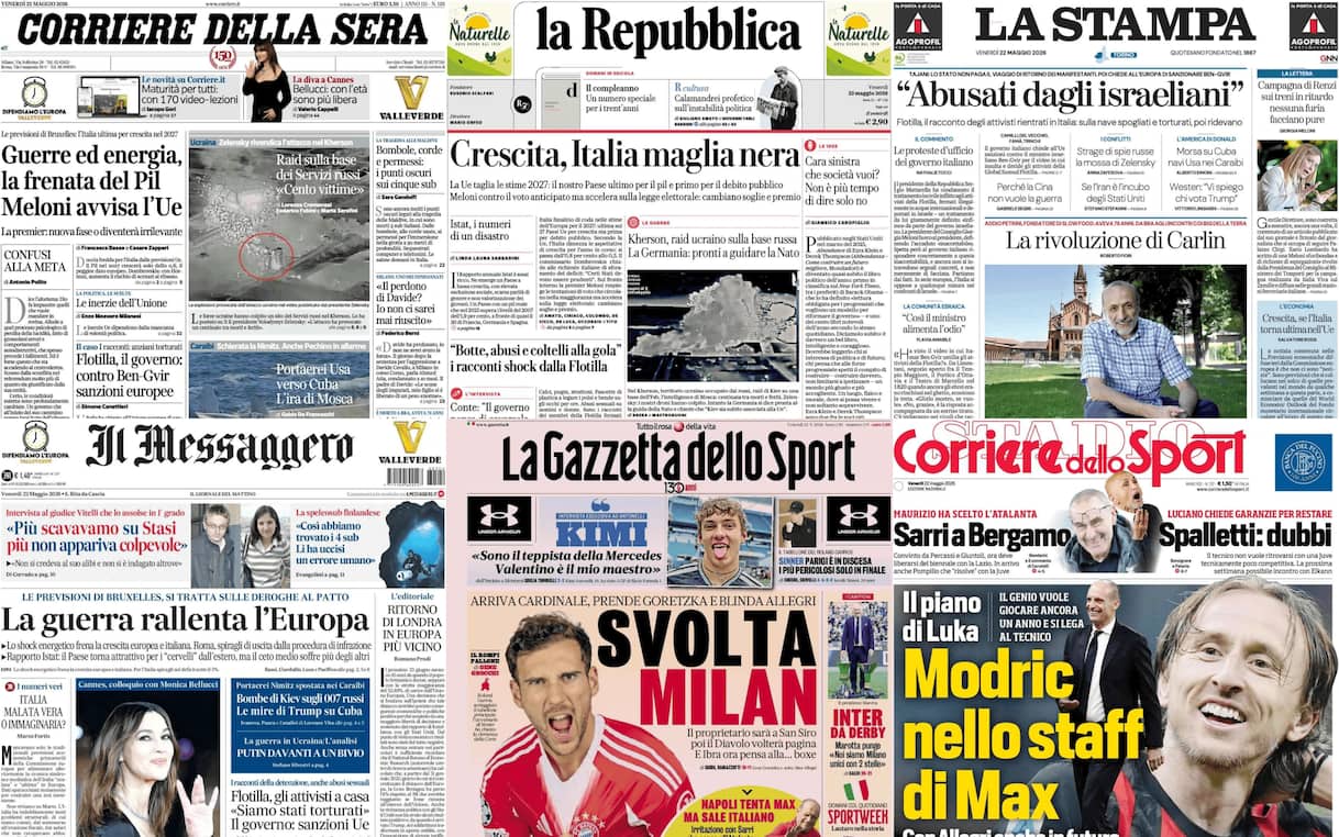 Le prime pagine dei quotidiani di oggi 22 maggio: la rassegna stampa