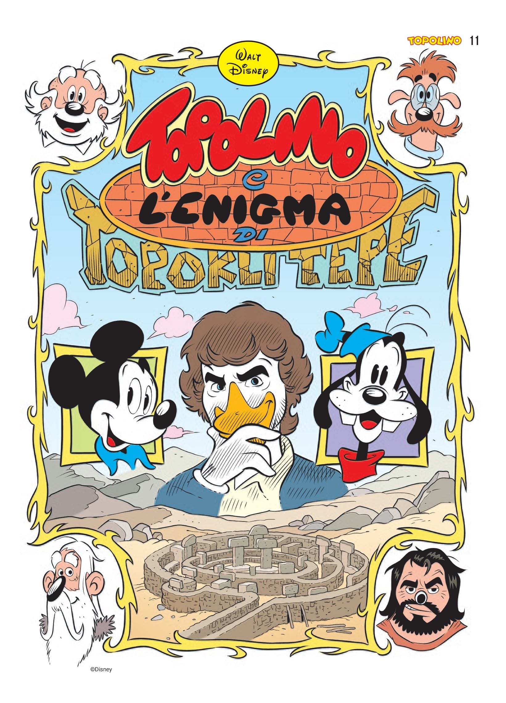 La prima pagina di "Topolino e l’enigma di Topokli Tepe" prima storia che vede Alberto Angela paperizzato nel ruolo di Albert Quarky