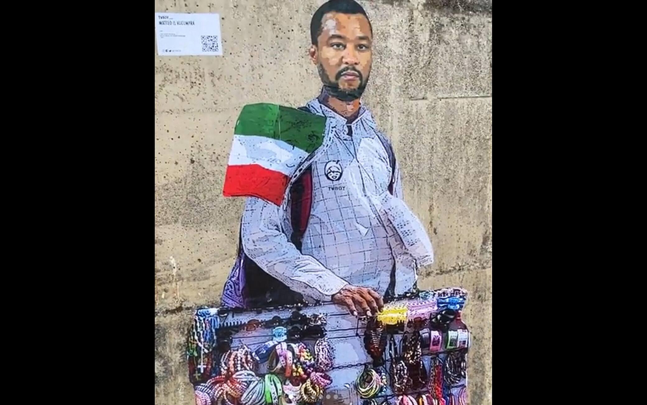 Una foto da Istagram del murales  "Matteo il vu cumprà" nuova opera d TVBoy, pseudonimo di Salvatore Benintende,  un artista italiano, Taormina, 4 agosto 2021. “A distanza di due anni dal danneggiamento da parte di un esponente della Lega dell’opera dedicata alla capitana Carola Rackete- scrive  TVBoy sul suo sito- una nuova provocazione nei confronti del leader della Lega, Matteo Salvini che, in queste ore, è ritornato sul tema degli sbarchi parlando sui suoi canali social delle oltre 800 persone presenti a bordo della Ocean Viking e della Sea Watch 3, legittimando ancora una volta il suo operato da Ministro. ANSA +++ ATTENZIONE LA FOTO NON PUO? ESSERE PUBBLICATA O RIPRODOTTA SENZA L?AUTORIZZAZIONE DELLA FONTE DI ORIGINE CUI SI RINVIA +++ ++ HO - NO SALES, EDITORIAL USE ONLY ++