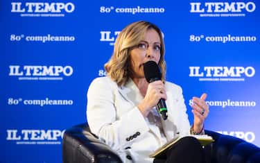 Il presidente del Consiglio Giorgia Meloni durante l’evento per celebrare gli 80 anni del quotidiano "Il Tempo" presso la Galleria Nazionale d'Arte Moderna (GNAM), Roma, 23 ottobre 2024. ANSA/ANGELO CARCONI
