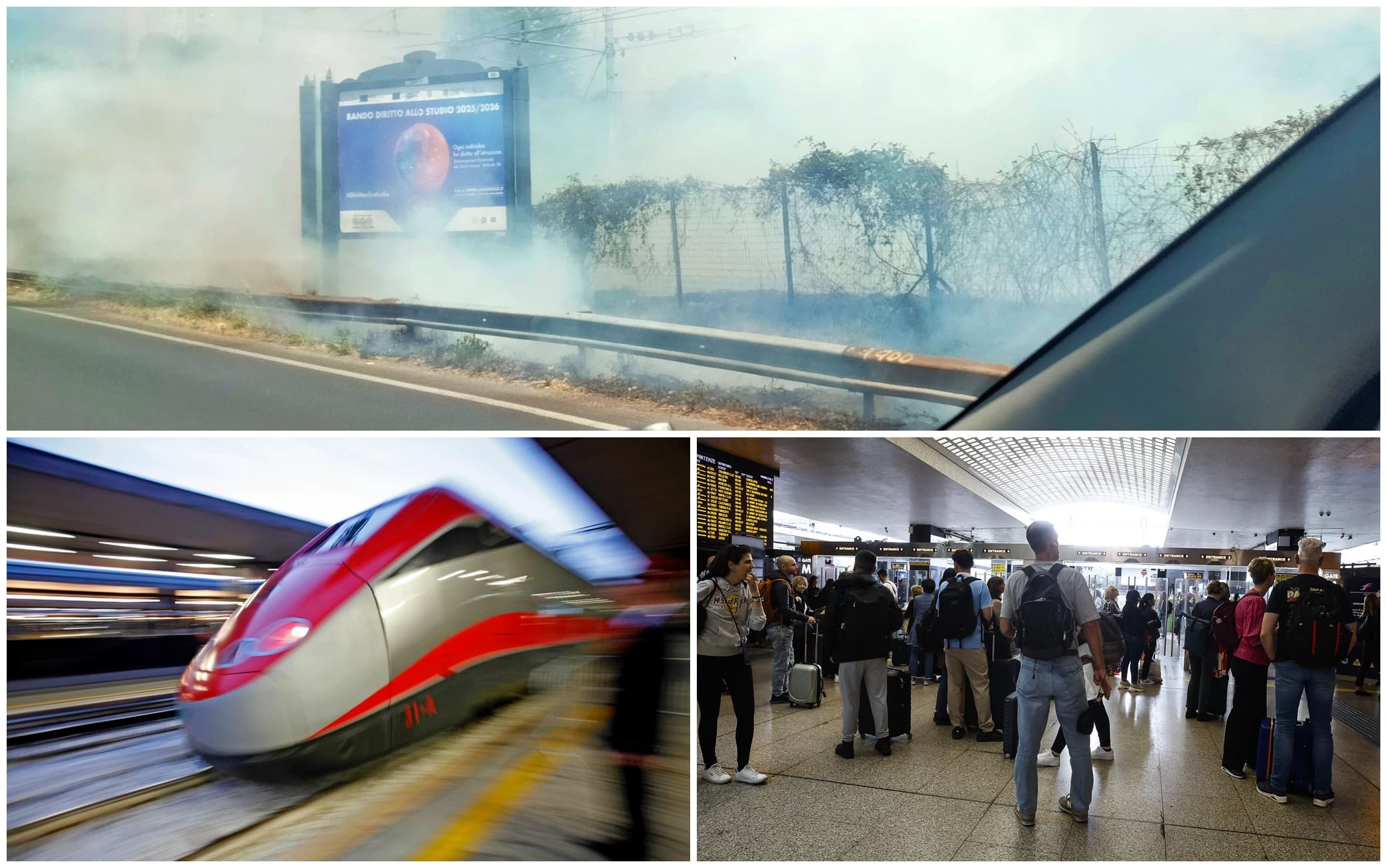 Sopra, l'immagine del rogo condivisa sui social da un automobilista