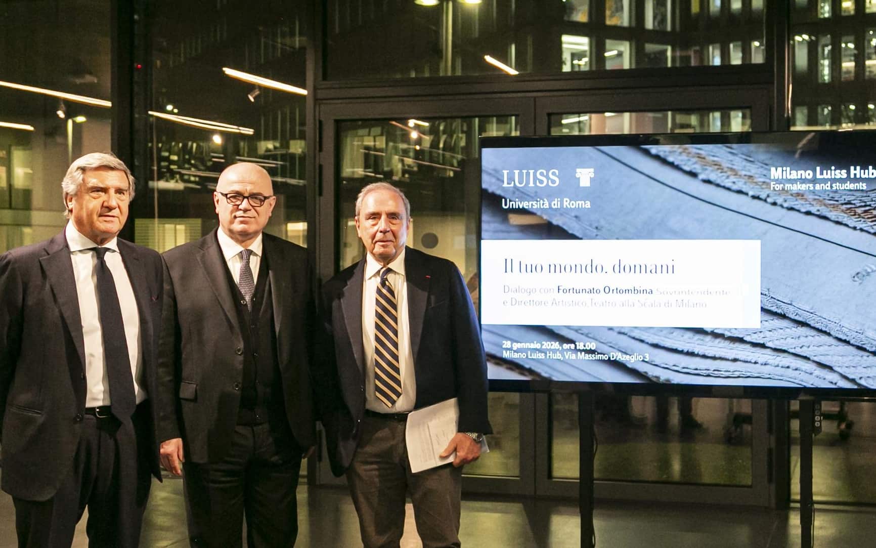 Da sinistra: Giorgio Fossa, presidente Università Luiss; Fortunato Ortombina, sovrintendente e direttore artistico del Teatro alla Scala di Milano; Massimo Nava, giornalista e scrittore