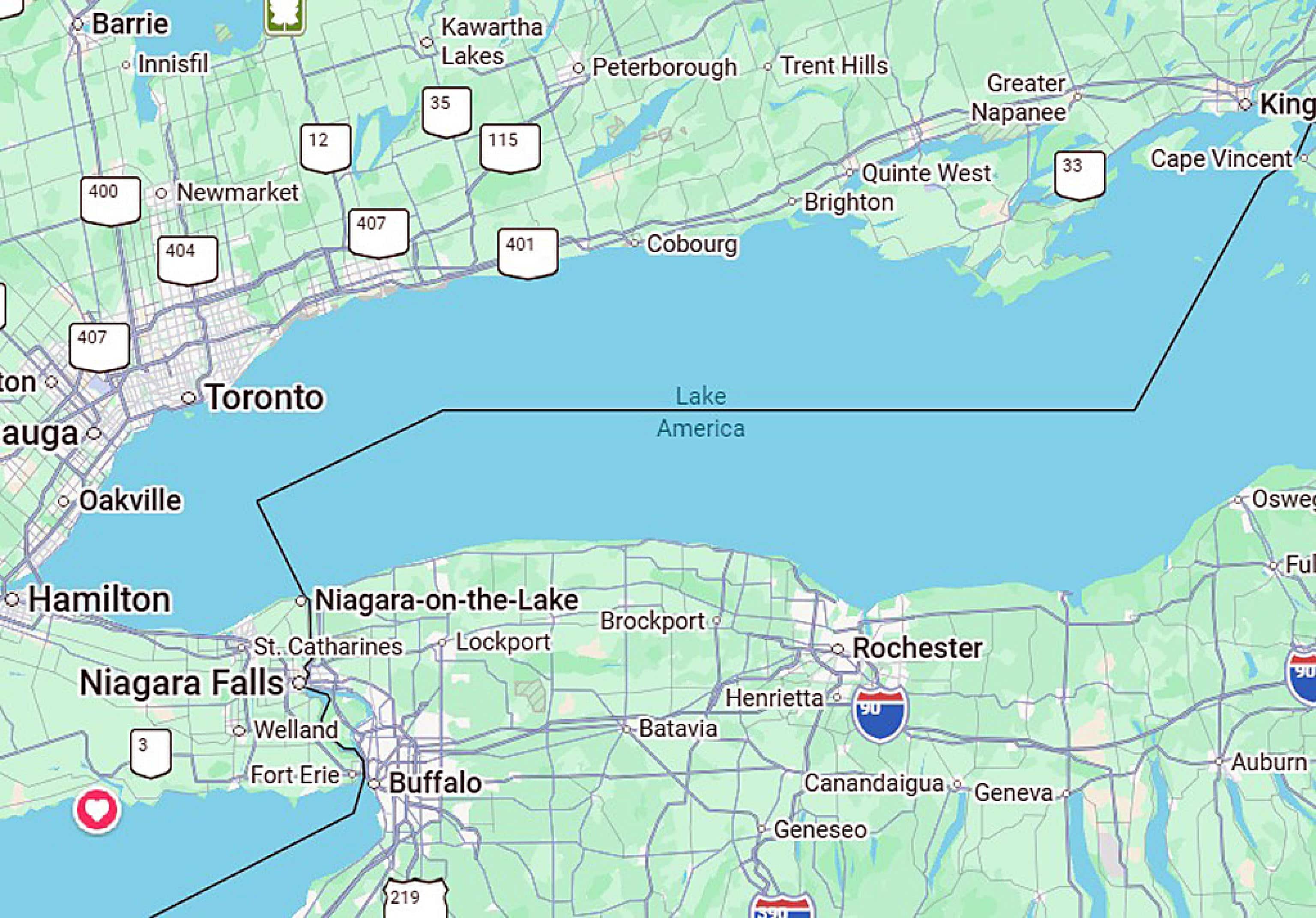 Il Lago Ontario ribattezzato "Lake America" sulla versione statunitense di Google Maps, in seguito all'ordine esecutivo del presidente Donald Trump, 30 agosto 2026. WEB/GOOGLE +++ ATTENZIONE: L'ANSA NON POSSIEDE I DIRITTI DI QUESTA FOTO CHE NON PUO' ESSERE PUBBLICATA SENZA L'AUTORIZZAZIONE DELLA FONTE DI ORIGINE CUI SI RINVIA  +++ NPK +++
