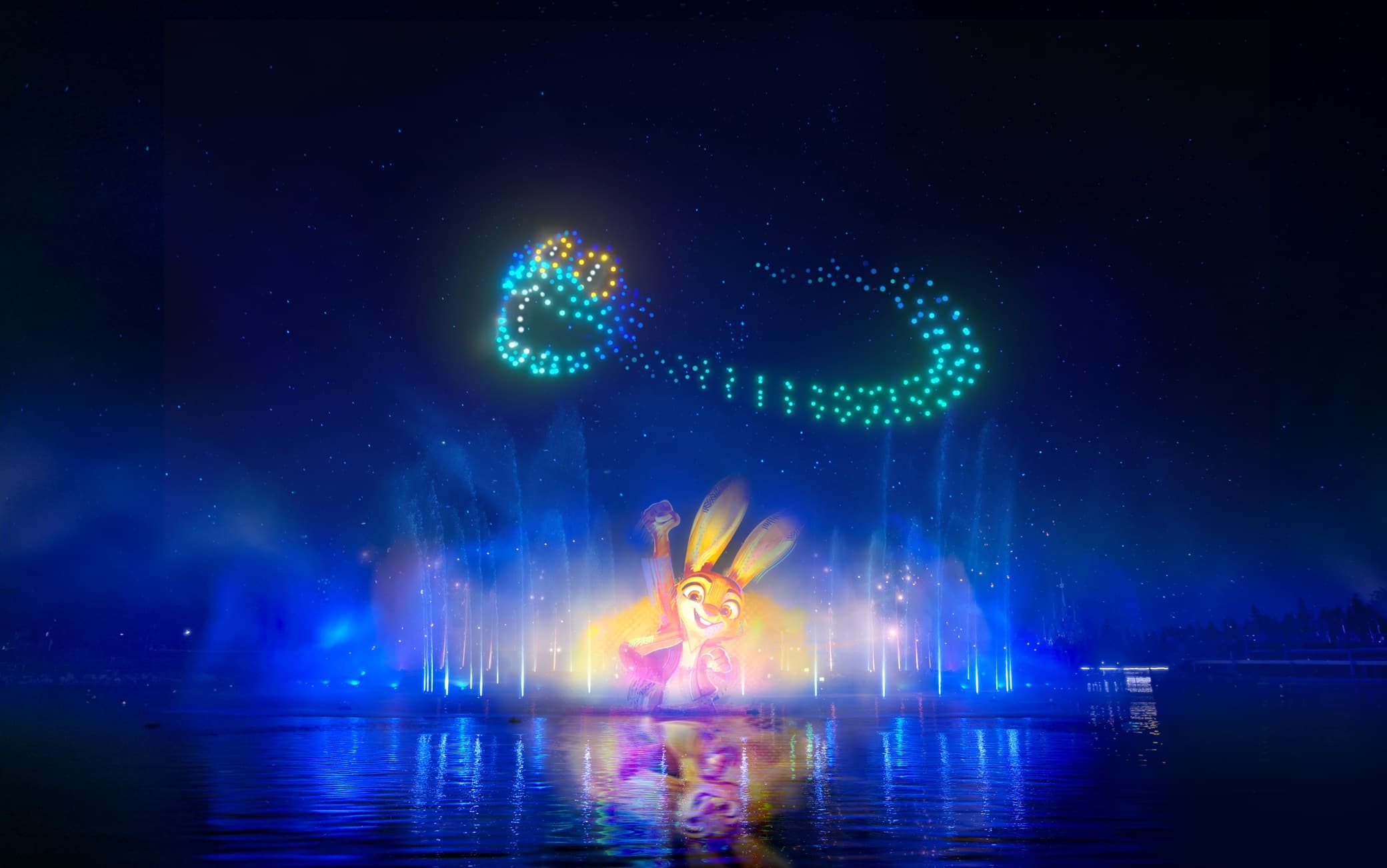 Disney Cascade of Lights, new nighttime show featuring Zootopia at Disney Adventure World, Disneyland Paris, France.