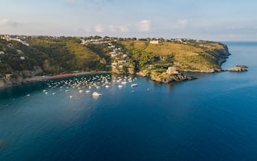 Aerial view of boat in San Nicola harbour, San Nicola Arcella, Calabria, Italy