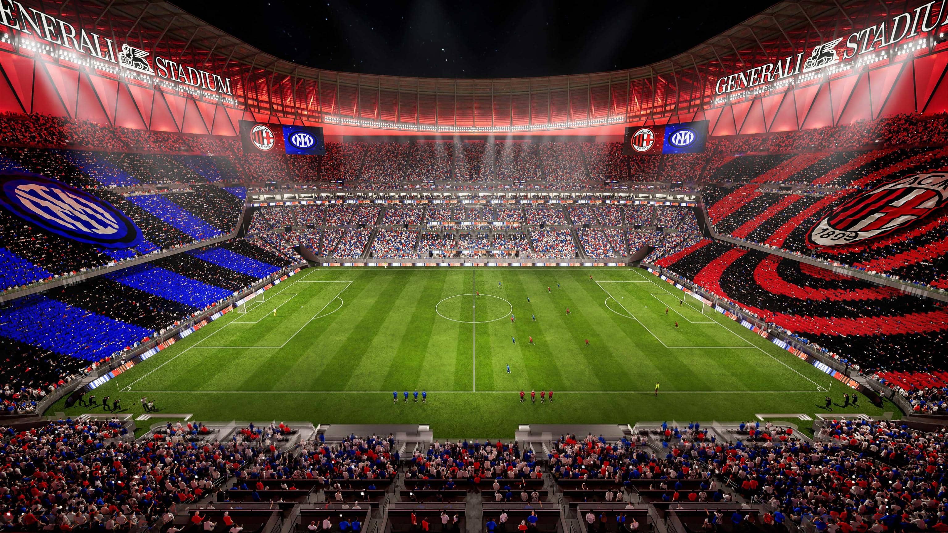 Una immagine del nuovo stadio di Milano che si chiamerà 'Generali Stadium', diffusa il 29 ottobre 2026. ANSA/ UFFICIO STAMPA ++ USARE SOLO PER ILLUSTRARE OGGI LA  NOTIZIA INDICATA NEL TITOLO - NON ARCHIVIARE - NON VENDERE -  NON USARE PER FINI NON GIORNALISTICI - NPK+++
