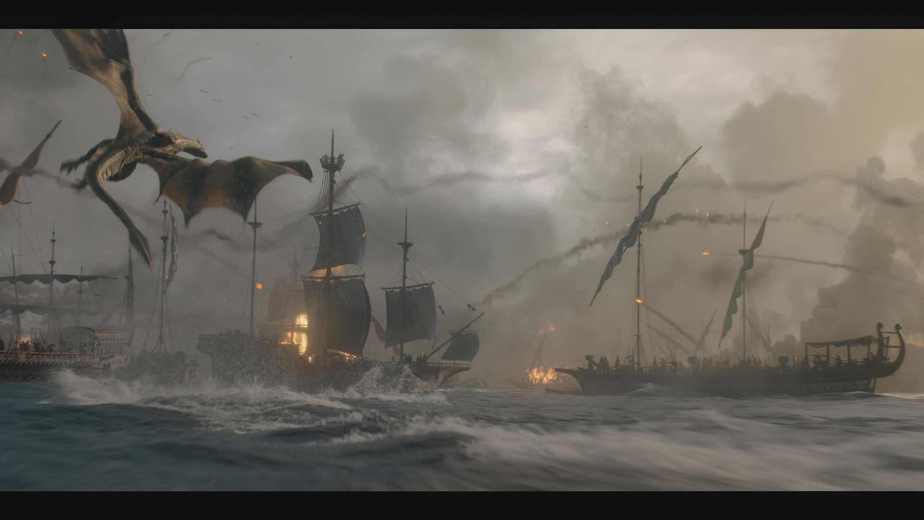 Una spettacolare immagine della grande battaglia navale che caratterizza il primo episodio della terza stagione di House of the Dragon (HBO)