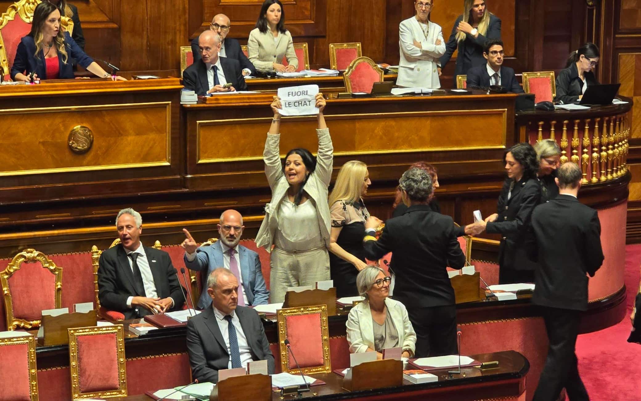 La protesta dei senatori del Movimento 5 stelle, che mostrano cartelli con scritto "Fuori le chat" in Aula, contro la decisione della giunta della autorizzazioni della Camera di non concedere l'accesso alle chat del sottosegretario Andrea Delmastro, Roma, 22 luglio 2026. X/CLAUDIO BORGHI +++ ATTENZIONE: L'ANSA NON POSSIEDE I DIRITTI DI QUESTA FOTO CHE NON PUO' ESSERE PUBBLICATA SENZA L'AUTORIZZAZIONE DELLA FONTE DI ORIGINE CUI SI RINVIA  +++ NPK +++
