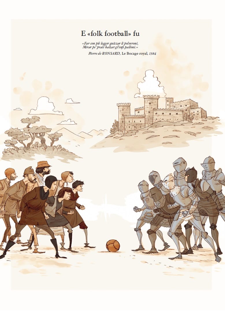 Una tavola tratta da "Una storia popolare del calcio" di Christophe Deveney, Mickaël Correia, Lelio Bonaccorso e Deborah Braccini (Tunué)