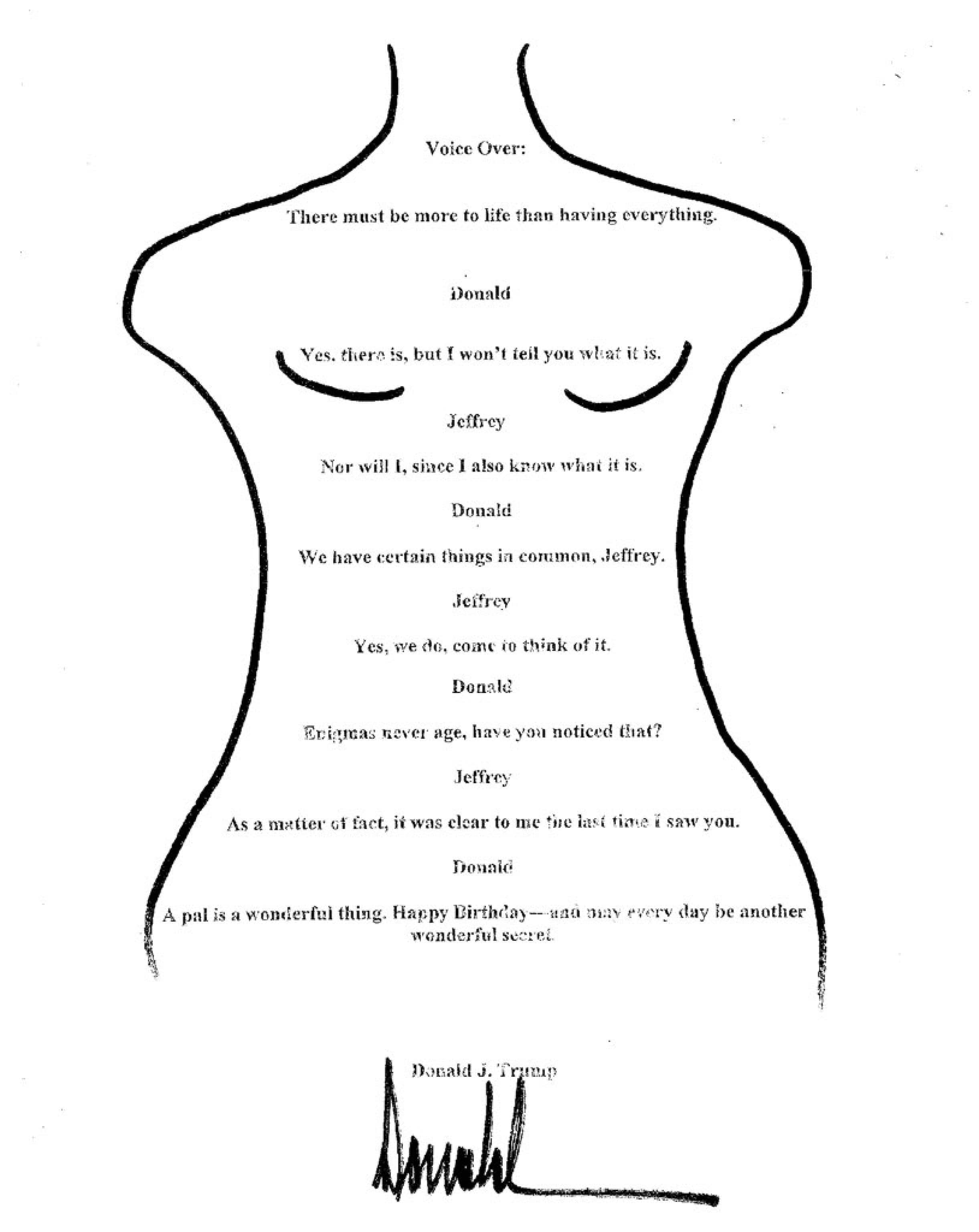 Il biglietto di auguri che sarebbe stato inviato da Donald Trump a Epstein e in cui è disegnata la sagoma di una donna nuda, pubblicato su X dal democratico statuinitense Robert Garcia e rilanciato su tutti i media americani, 9 settembre 2025.  "Buon compleanno, e che ogni giorno possa essere un meraviglioso segreto" si legge nella dedica che riporta la firma del tycoon. ANSA/X @RobertGarcia
+++ FOTO NON IN  VENDITA - DA USARE SOLO PER FINI GIORNALISTICI  +++ NPK +++