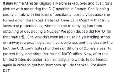 Il post di Trump contro Giorgia Meloni, 20 giugno 2026
