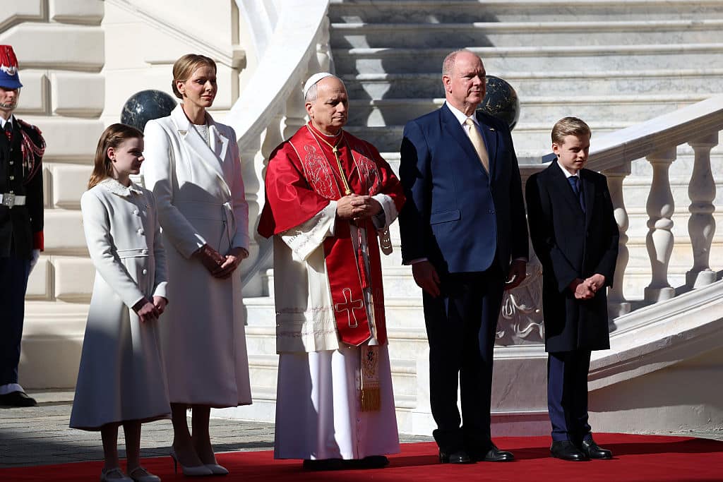 MONACO, MONACO - MARCH 28: (EDITOR'S NOTE : NO TABLOIDS WEB & PRINT, NO DAILY MAIL, NO DAILY MAIL GROUP, NO BILD, NO CHI, NO VOICI, NO CLOSER) Princess Gabriella of Monaco, Princess Charlene of Monaco, Pope Leo XIV, Prince Albert II of Monaco and Prince Jacques of Monaco pose during a welcome ceremony for the visit of Pope Leo XIV on March 28, 2026 in Monaco, Monaco. Pope Leo XIV's visit to Monaco is the first in nearly 500 years since Pope Paul III in 1538. During this one day visit Pope Leo XIV will be welcomed by Prince Albert and Princess Charlene of Monaco. He will also meet with the Catholic community in the cathedral and host a Mass at the Monaco Stadium. (Photo by Pascal Le Segretain/Getty Images)
