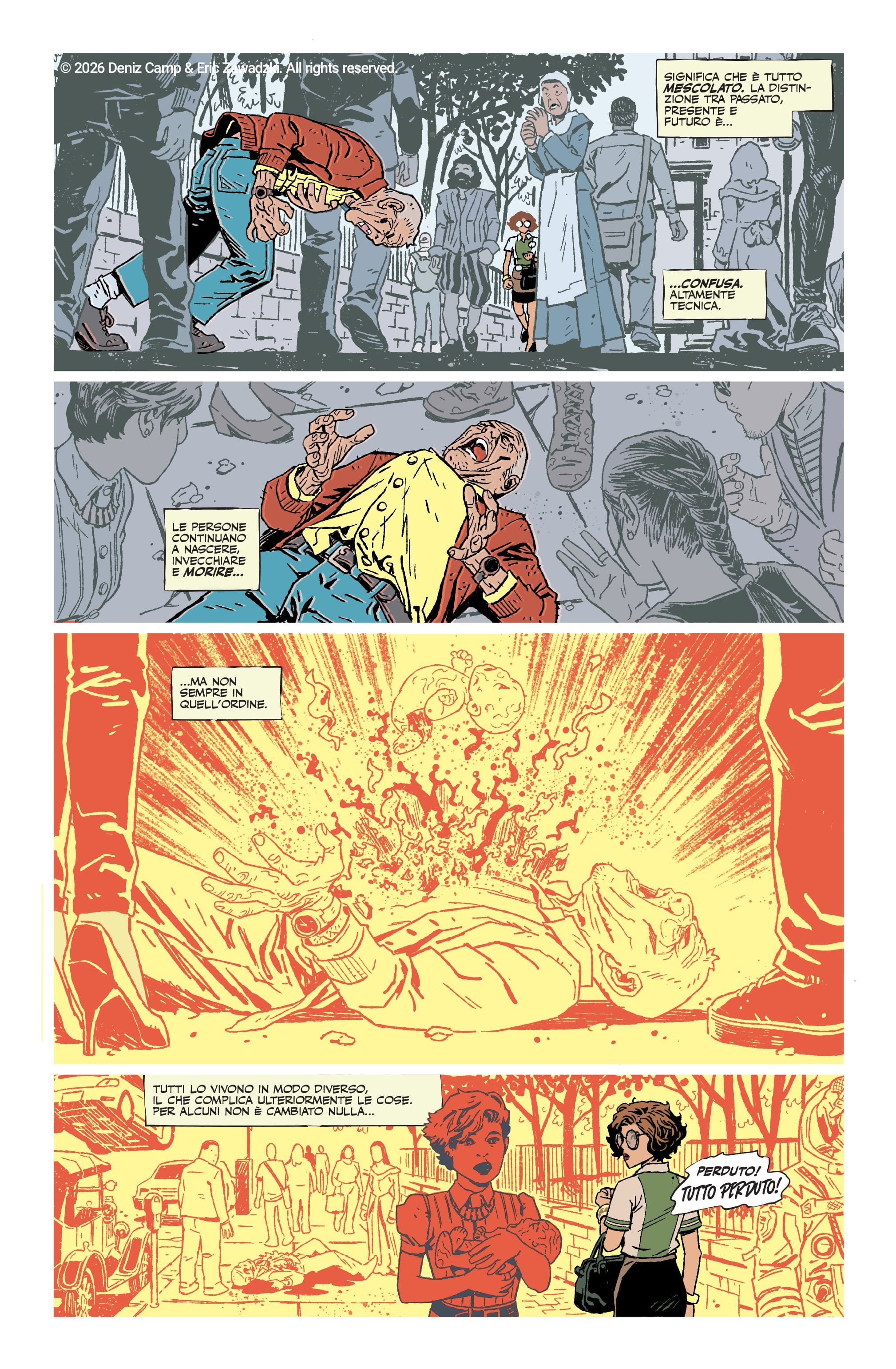 Una tavola tratta da Assorted Crisis Events, di Deniz Camp, Eric Zawadzki e Jordie Bellaire (Panini Comics)