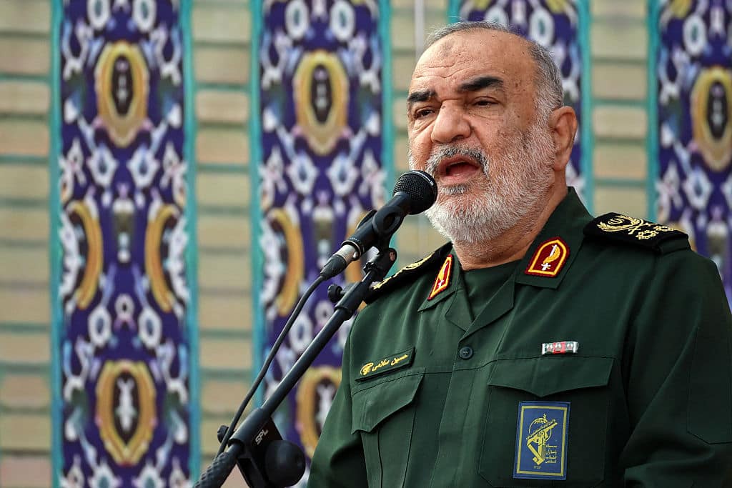 Head of Iranian revolutionary guard corps (IRGC) Hossein Salami speaks during a ceremony marking the first anniverary of the death of the late Iranian president Ebrahim Raisi in Tehran on May 15, 2025. (Photo by AFP) (Photo by -/AFP via Getty Images)          