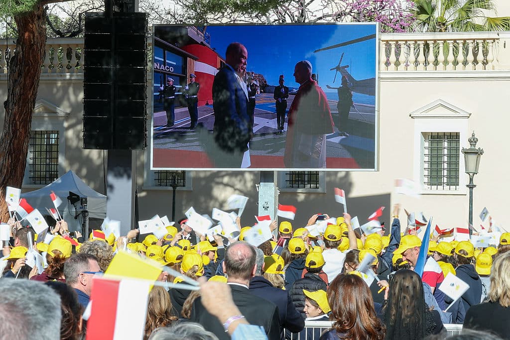 MONACO, MONACO - MARCH 28: (EDITOR'S NOTE : NO TABLOIDS WEB & PRINT, NO DAILY MAIL, NO DAILY MAIL GROUP, NO BILD, NO CHI, NO VOICI, NO CLOSER) Prince Albert II of Monaco and Princess Charlene of Monaco depart to greet the Pope Leo XIV during the Pope Leo XIV visit to Monaco on March 28, 2026 in Monaco, Monaco. Pope Leo XIV's visit to Monaco is the first in nearly 500 years since Pope Paul III in 1538. During this one day visit Pope Leo XIV will be welcomed by Prince Albert and Princess Charlene of Monaco. He will also meet with the Catholic community in the cathedral and host a Mass at the Monaco Stadium. (Photo by Stephane Cardinale - Corbis/Corbis via Getty Images)