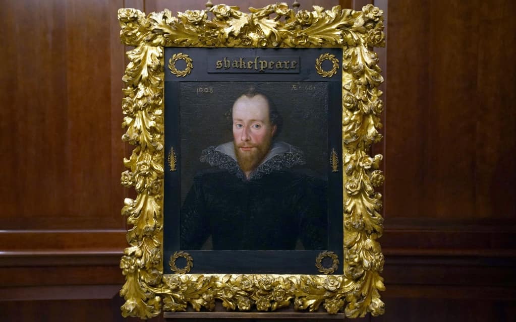 A portrait of William Shakespeare by artist Robert Peake, which is believed to be the only signed and dated image of the playwright created during his lifetime, on display at the Grosvenor House Hotel, London, before it is offered for sale by private treaty for a figure in excess of £10m. Picture date: Wednesday November 16, 2022. (Photo by Kirsty O'Connor/PA Images via Getty Images)