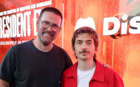 SAN DIEGO, CALIFORNIA - JULY 23: Director/Writer Zach Cregger and Austin Abrams at Fan Event At Comic-Con For Constantin Film And Columbia Pictures' "Resident Evil" on July 23, 2026 in San Diego, California. (Photo by Eric Charbonneau/Sony Pictures via Getty Images)
