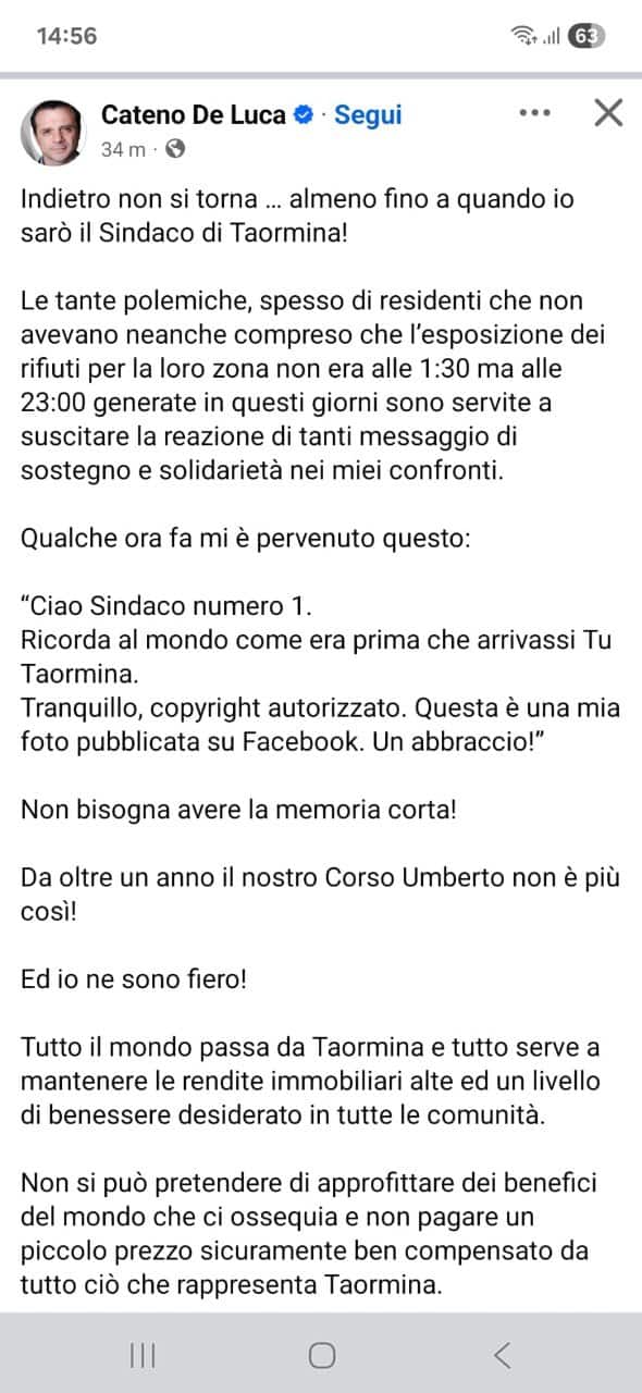 Il post pubblicato su Facebook da Cateno De Luca