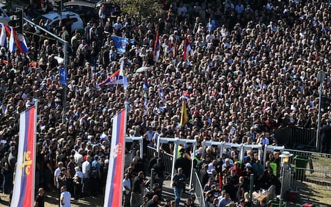 Mourners queue as they arrive to take part in a public memorial on the day of the funeral ceremony for late Bosnian Serb military leader Ratko Mladic at St Lukas church in Belgrade, on September 7, 2026. Mladic, 84, died last week after suffering several strokes while serving a life sentence in The Hague for war crimes committed during the 1990s war in Bosnia. (Photo by OLIVER BUNIC / AFP)