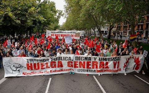 epa13278314 People take part in a demonstration against the housing crisis in Madrid, Spain, 03 October 2026. Several demonstrations across the main cities of Spain are calling on the authorities to solve the housing problems. The eviction of an 87-year-old woman from her rental home after 70 years on 23 September 2026 prompted people across the country to take to the streets against the ongoing housing crisis. The government failed on 02 October in its attempt to pass its proposed emergency housing decrees in the Lower Chamber of the Spanish Parliament.  EPA/Daniel Gonzalez