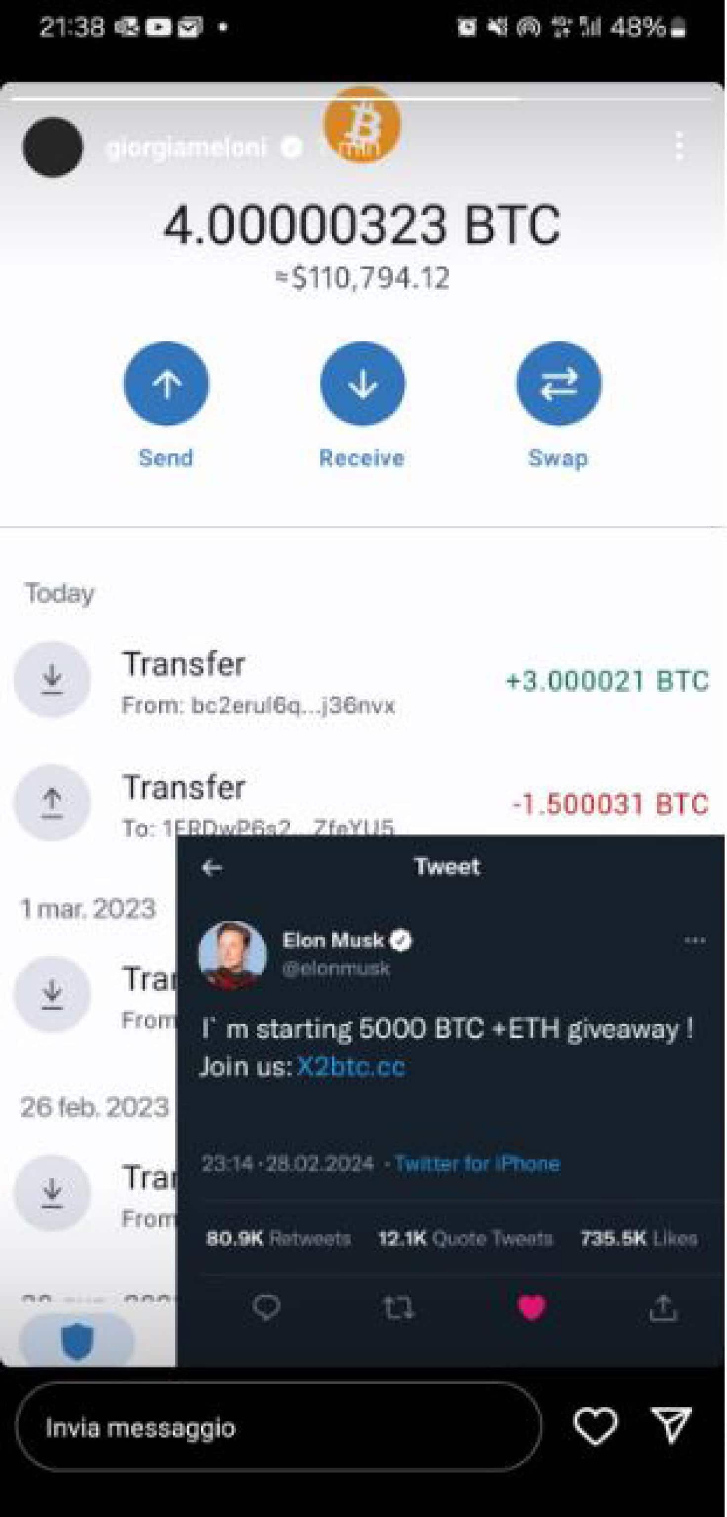 Un post tratto dal profilo Instagram di Giorgia Meloni:  Attacco hacker al profilo Instagram di Meloni +++ATTENZIONE LA FOTO NON PUO' ESSERE PUBBLICATA O RIPRODOTTA SENZA L'AUTORIZZAZIONE DELLA FONTE DI ORIGINE CUI SI RINVIA+++ NPK