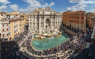 Aerial view of the Fontana di Trevi fountain in the city of Rome, Italy