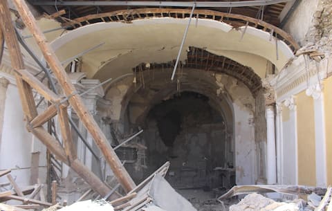 An interior view of the church of San Giovanni in Amatrice, near Rieti, central Italy, after the 24 August earthquake. The Civil Protection Department said Friday the latest provisional death toll from Wednesday' earthquake in central Italy is of 267 dead. Of these, 207 died in the Lazio mountain village of Amatrice, 11 in nearby Accumoli and 49 in the village of Arquata del Tronto, in the neighboring Marche region. ANSA/ CARABINIERI - DEPARTMENT FOR PROTECTION OF CULTURAL HERITAGE   +++ ANSA PROVIDES ACCESS TO THIS HANDOUT PHOTO TO BE USED SOLELY TO ILLUSTRATE NEWS REPORTING OR COMMENTARY ON THE FACTS OR EVENTS DEPICTED IN THIS IMAGE; NO ARCHIVING; NO LICENSING +++