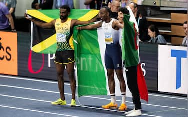 Mandatory Credit: Photo by PETTER ARVIDSON/BILDBYRÅN/Shutterstock (16782944gd)
Jordan Scott of Jamaica, Andy Diaz Hernandez of Italy and Yasser Mohammed Triki of Algeria celebrate after men's triple jump final during the 2026 World Athletics Indoor Championships on March 20, 2026 in Torun.
2026 World Athletics Indoor Championships, Day 1, Torun, Poland - 20 Mar 2026
