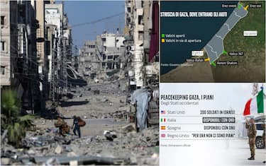 macerie a gaza e due grafiche di numeri