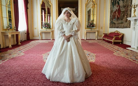 The Crown S4. Picture shows: Princess Diana (EMMA CORRIN)
The Crown costume designer wanted to create something that wasn’t an exact replica of Lady Diana’s original dress but which captured the same spirit and style of David & Elizabeth Emanuel’s iconic design.  Amy Roberts, our designer, spoke to David Emanuel in depth about the Emanuel’s original sketches and designs. He was fantastically collaborative and helpful to the design team and talked through the detail of many of the original drawings.