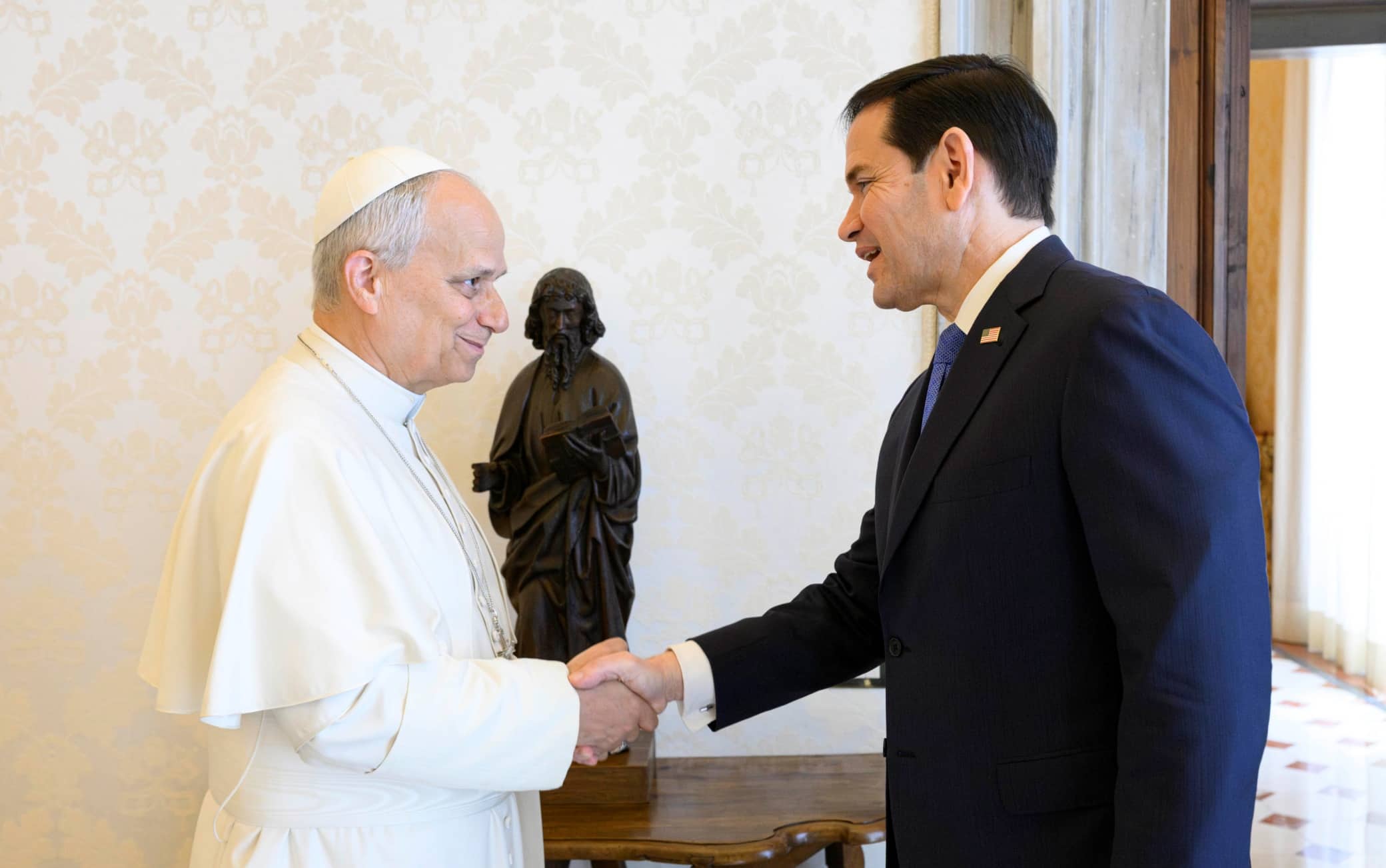 Pope Leo XIV receives in a private audience U.S. Secretary of State Marco Rubio, Vatican City, 7 May 2026. ANSA/US VATICAN MEDIA +++ ANSA PROVIDES ACCESS TO THIS HANDOUT PHOTO TO BE USED SOLELY TO ILLUSTRATE NEWS REPORTING OR COMMENTARY ON THE FACTS OR EVENTS DEPICTED IN THIS IMAGE - NO ARCHIVING - NO LICENSING - NPK +++