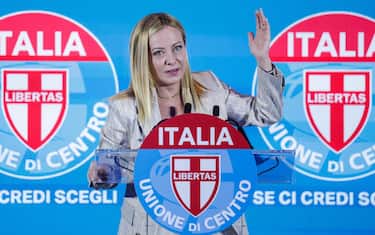 Il presidente del Consiglio Giorgia Meloni al centro congressi Crown Plaza durante la Festa Nazionale UdC, Roma, 13 Settembre 2025. ANSA/GIUSEPPE LAMI