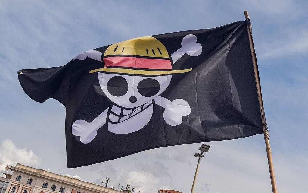 ROME, ITALY - 2025/09/22: A One Piece anime flag seen during the protest supporting Palestine and the Global Sumud Flotilla. (Photo by Vincenzo Nuzzolese/SOPA Images/LightRocket via Getty Images)