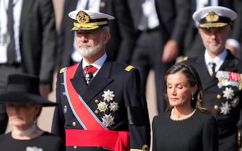 OSLO, NORWAY - SEPTEMBER 09: King Felipe VI of Spain and Queen Letizia of Spain during the funeral of King Harald V of Norway on September 09, 2026 in Oslo, Norway. Born on February 21, 1937, King Harald V of Norway was the first Norwegian-born monarch to inherit the Norwegian throne in over 600 years, reigning from 1991 until his death on August 28, 2026. He represented Norway in sailing at three Olympic Games and, in 1968, married Sonja Haraldsen, breaking with royal convention by marrying a non-royal. The couple had two children, and he was succeeded by his son, King Haakon VIII of Norway. (Photo by Peter Summers/Getty Images)