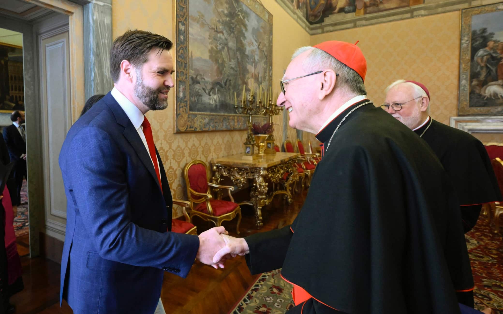 A handout picture provided by the Vatican Media shows Vatican's secretary of state, Cardinal Pietro Parolin (R) meets with US Vice President JD Vance during the meeting in Vatican, 19 April 2025.
ANSA/Vatican Media ANSA PROVIDES ACCESS TO THIS HANDOUT PHOTO TO BE USED SOLELY TO ILLUSTRATE NEWS REPORTING OR COMMENTARY ON THE FACTS OR EVENTS DEPICTED IN THIS IMAGE; NO ARCHIVING; NO LICENSING +++ NPK