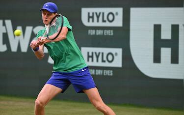 Kazakhstan's Alexander Bublik plays the ball to Italy's Jannik Sinner in their men's singles tennis match during the Halle Open ATP tennis tournament in Halle, on June 19, 2025. (Photo by CARMEN JASPERSEN / AFP) (Photo by CARMEN JASPERSEN/AFP via Getty Images)          