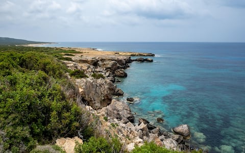 2JCNE10 Rocky Mediterranean coast of the Cape Apostolos Andreas, eastern tip of Cyprus Island. Cyprus.