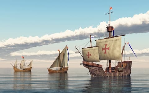 Computer generated 3D illustration with the ships Santa Maria, Nina and Pinta of Christopher Columbus