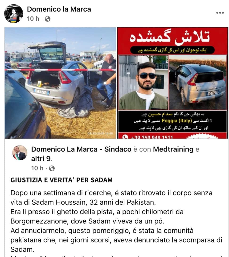 Post Facebook sindaco di Manfredonia Domenico La Marca