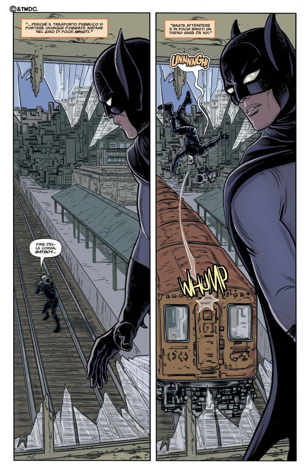 Una tavola tratta da Batman: L'Era Oscura di Mark Russell e Mike Allred (Panini Comics DC)