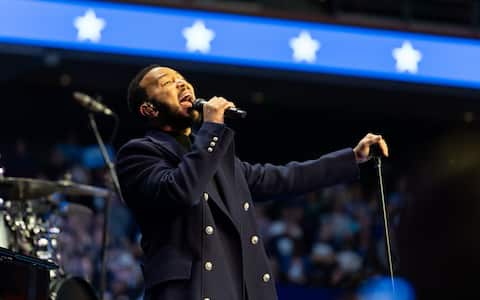 IPA51062779 - Mandatory Credit: Photo by Nathan Morris/NurPhoto/Shutterstock (14835297h).Singer John Legend performs at a Harris-Walz campaign rally in Philadelphia, Pennsylvania, United States, on October 28, 2024..Former President Barack Obama Rallies For Harris-Walz In Philadelphia, United States - 28 Oct 2024