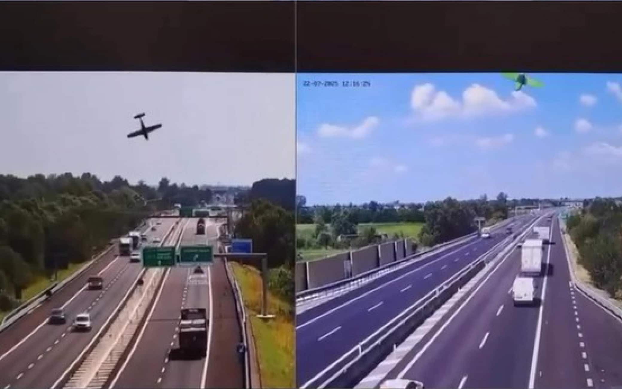 la sagoma del velivolo mentre precipita sull'autostrada