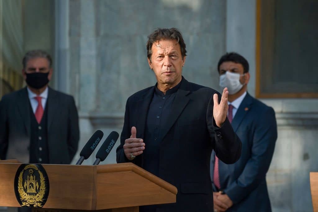 Pakistan's Prime Minister Imran Khan speaks during a joint press conference with Afghan president at the Presidential Palace in Kabul on November 19, 2020. (Photo by Wakil KOHSAR / AFP) (Photo by WAKIL KOHSAR/AFP via Getty Images)