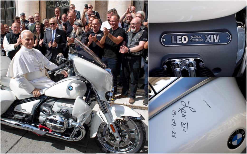 Papa Leone a bordo della moto Bmw che sarà messa all'asta per beneficenza