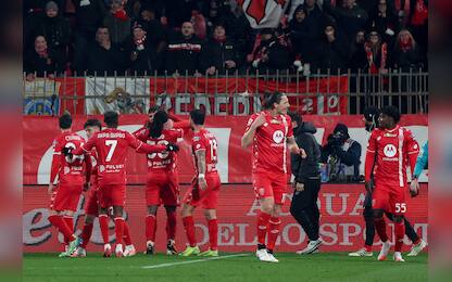 AC Monza's players celebrate the goal scored by AC Monza's forward Daniel Maldini during the Italian Serie A soccer match between AC Monza and Fiorentina at U-Power Stadium in Monza, Italy, 13 January 2025. ANSA / ROBERTO BREGANI